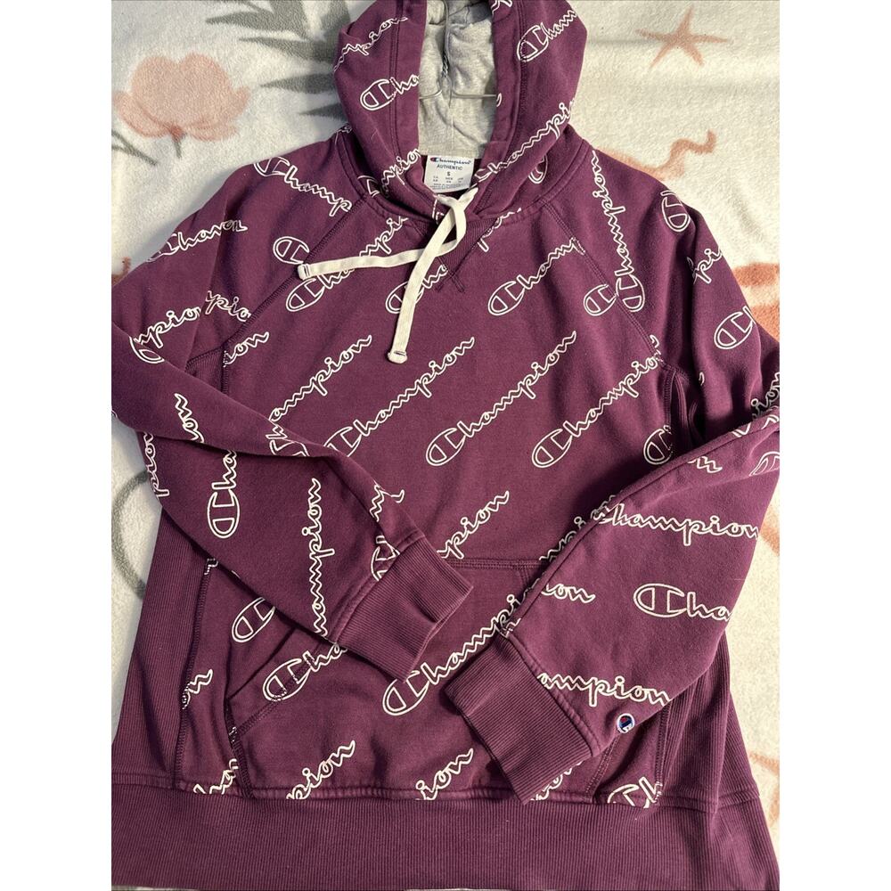 Champion Purple Hoodie Pullover Unisex Small All Over Logo